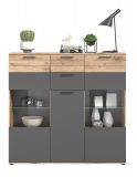 Highboard Tomaso in Nox Eiche und Basalt grau, Kommode 140 x 134 cm mit Soft-Close