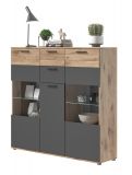 Highboard Tomaso in Nox Eiche und Basalt grau, Kommode 140 x 134 cm mit Soft-Close