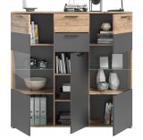 Highboard Tomaso in Nox Eiche und Basalt grau, Kommode 140 x 134 cm mit Soft-Close