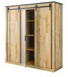 Kleiderschrank Stove in Used Wood hell und anthrazit Schiebetrentrenschrank 3-trig mit Spiegel 201 x 209