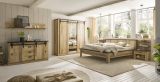 Schlafzimmer Set 8-teilig Stove in Used Wood hell und anthrazit mit Bett, Kleiderschrank, Wandboard, Sideboard, 2 x Wandpaneel und 2 x Nachttisch