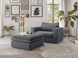 Loveseat Sessel Set Pesaro in grau Cord Couch Loungesessel inklusive Hocker