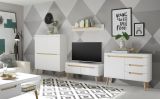 Wohnwand Isgard in wei matt und Scandi Eiche Wohnkombination skandinavisch 4-teilig 361 cm