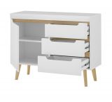 Wohnwand Isgard in wei matt und Scandi Eiche Wohnkombination skandinavisch 4-teilig 361 cm