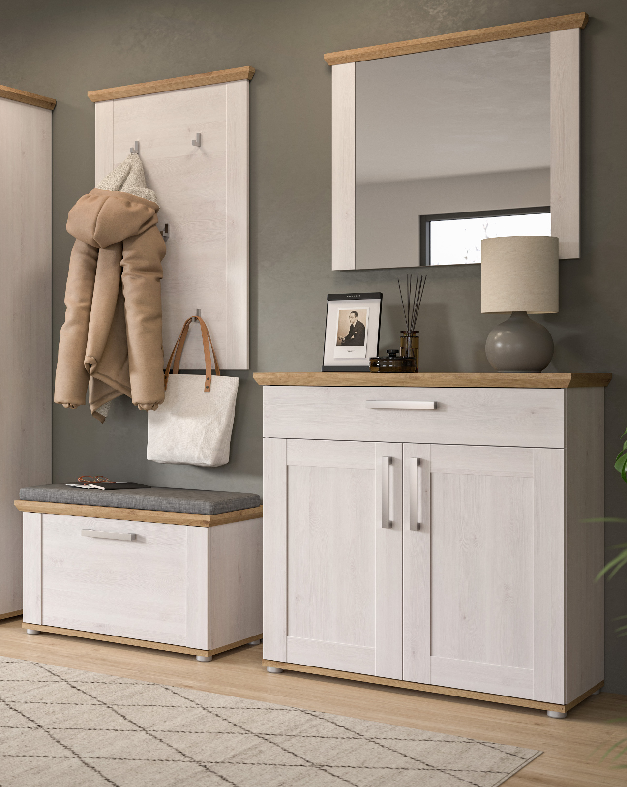 Garderobe Set Flurgarderobe 4-tlg. weiß Lärche Eiche Garderobenmöbel Set Mirano