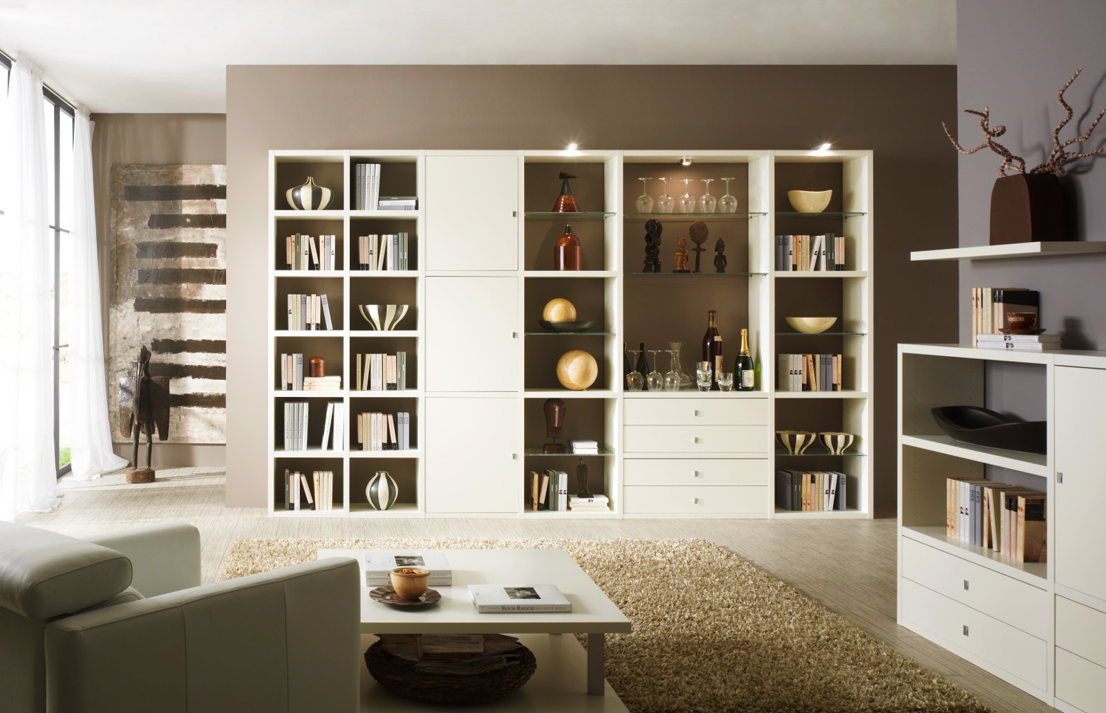 Wohnwand Bücherwand lack weiß matt Schiebetür Glas Wohnwand Bücherwand lack weiß matt Schiebetür Glas