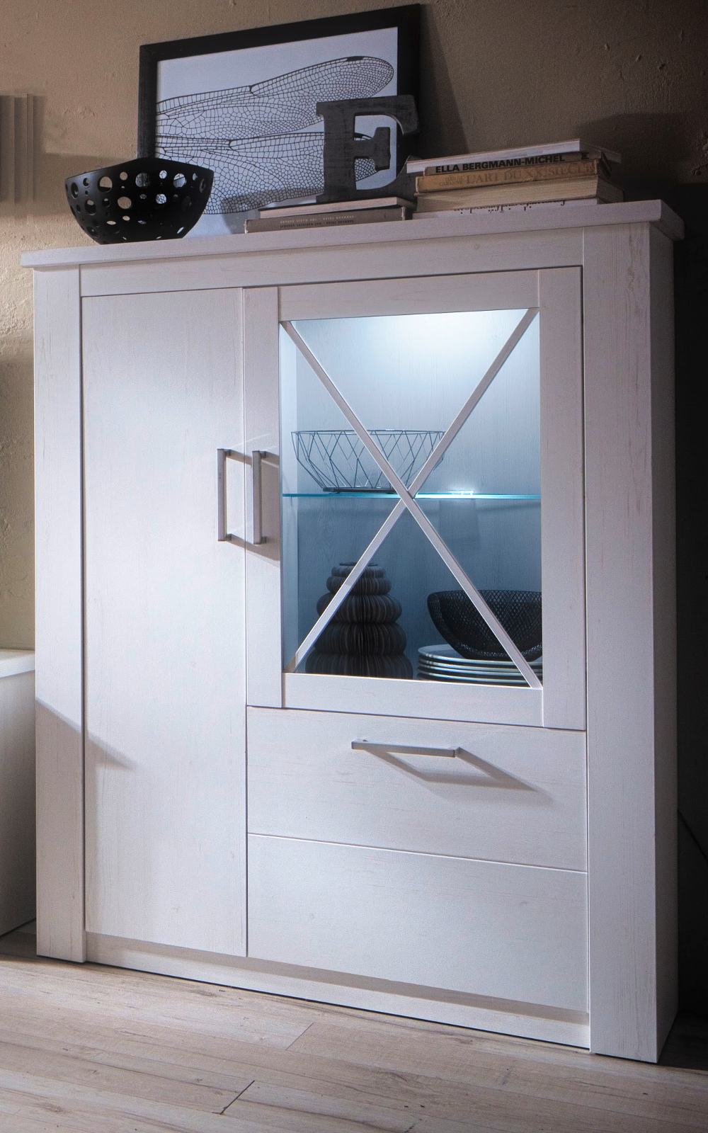 Highboard Vitrine Wohnzimmer Schrank weiß Pinie Kommode Landhaus