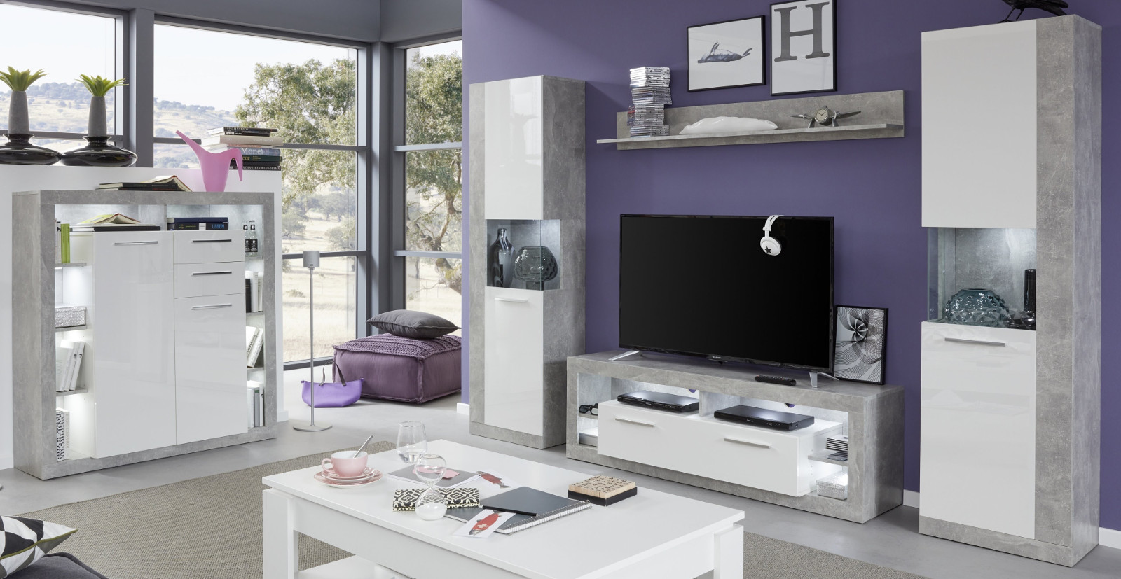 Highboard Rock in weiß Hochglanz und Stone Design