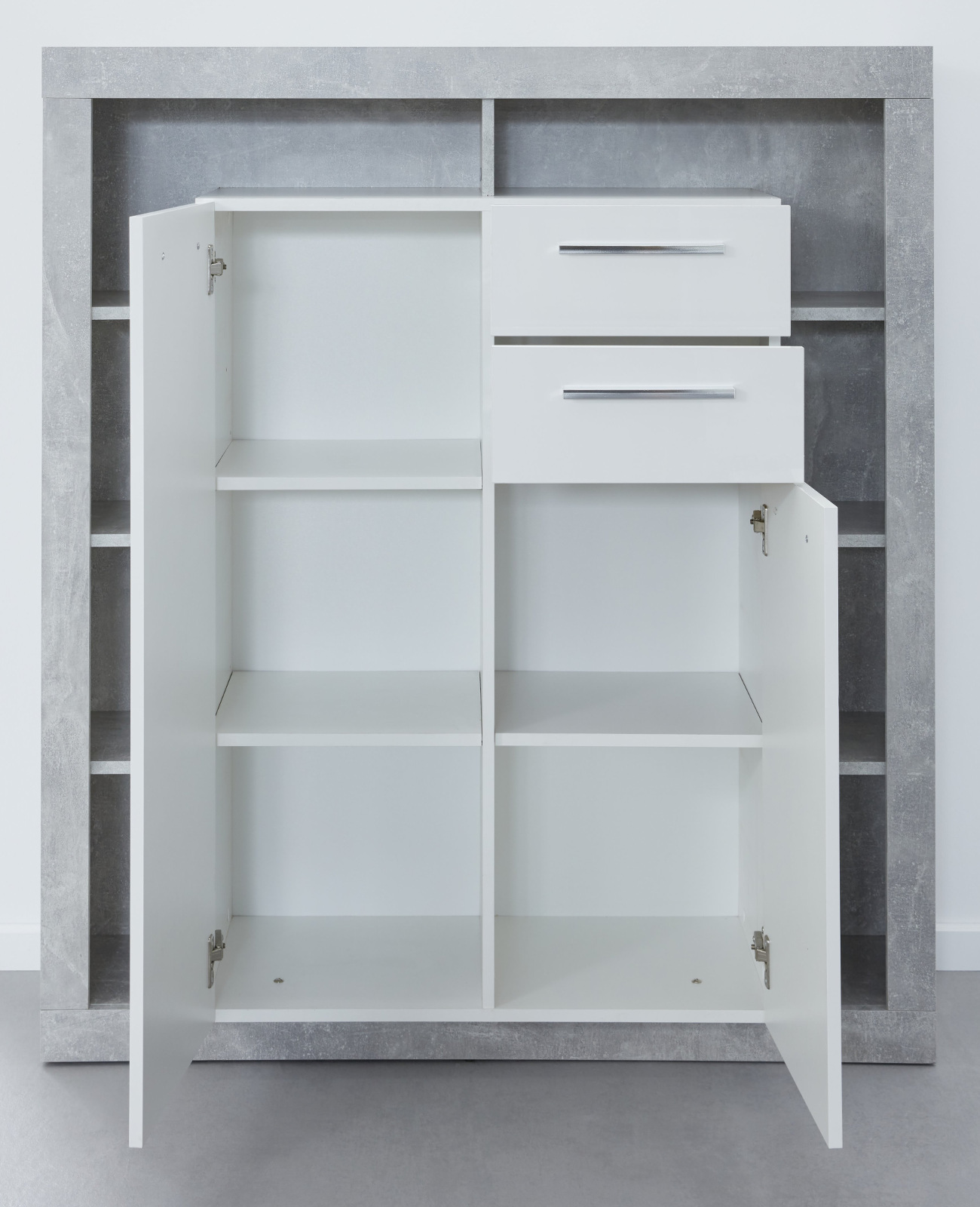 Highboard Rock in weiß Hochglanz und Stone Design