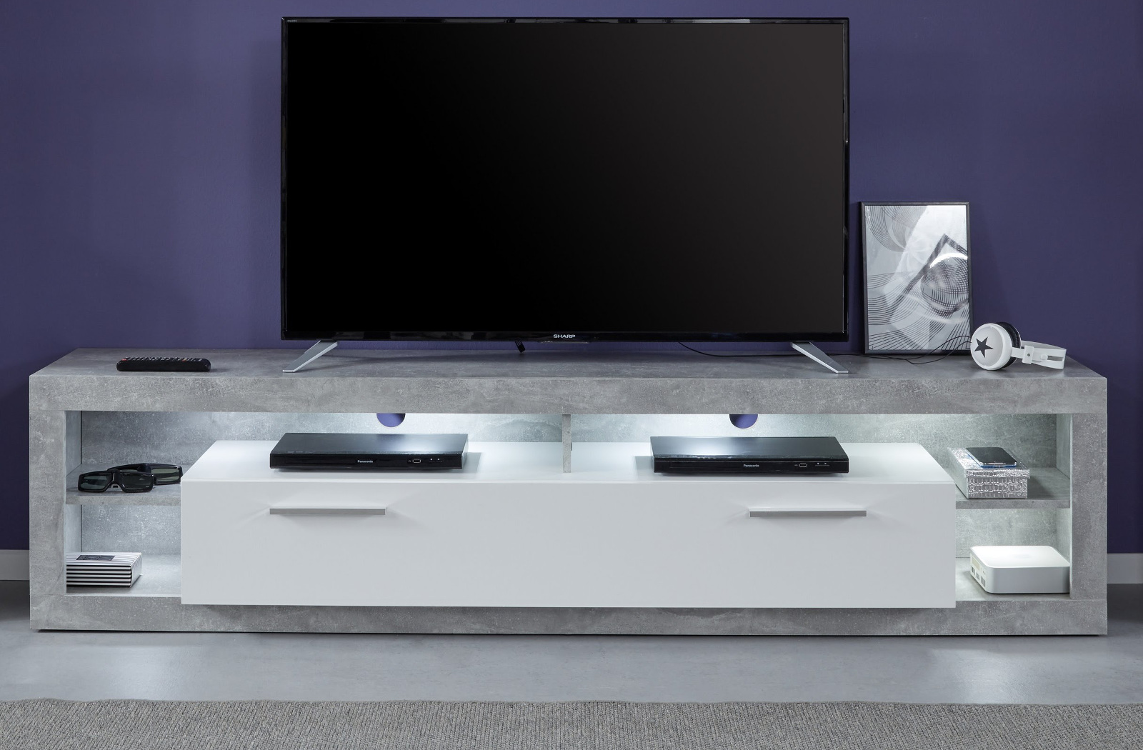 TV-Lowboard Rock weiß Hochglanz und Stone Design 200 cm