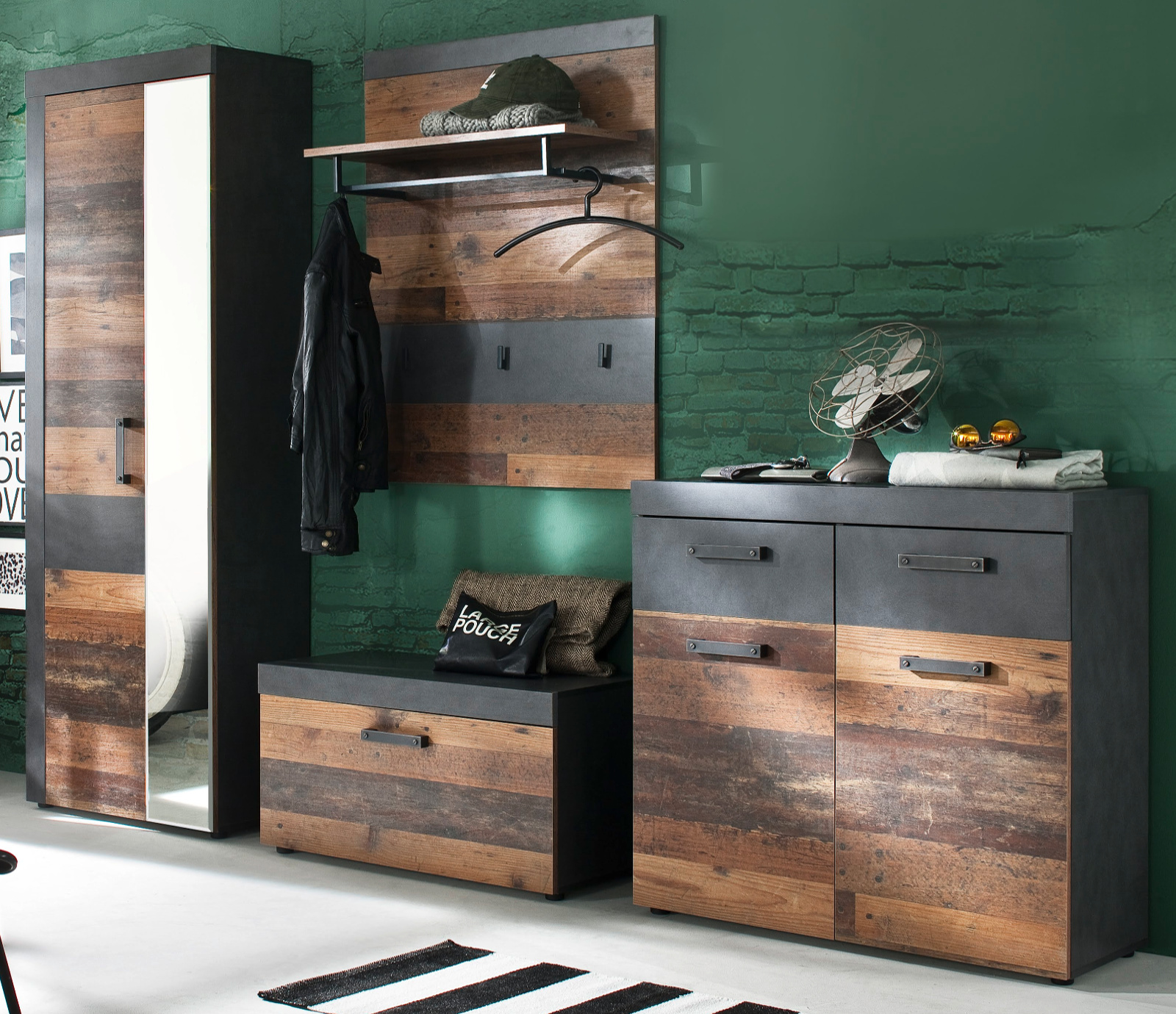 Garderobenset 4 tlg. Flur Garderobe komplett Set in Used Wood Schuhschrank Indy