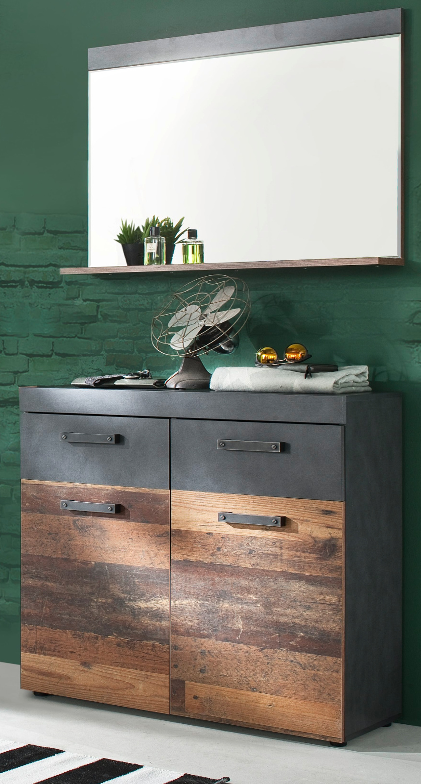Flur Garderobe in Used Wood Matera grau Garderobenset Kommode Spiegel Diele Indy