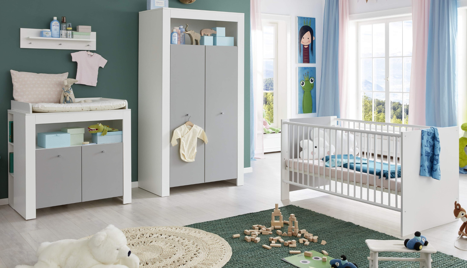 Babyzimmer Komplett Set Babybett Umbaubar 5 Farben Schrank Matratze WEIß-Braun 