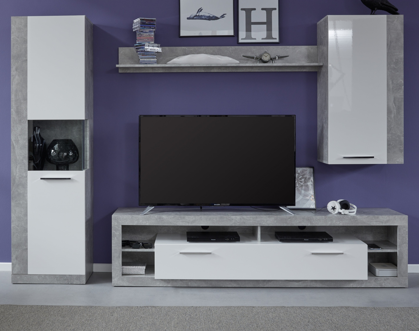 Wohnwand Rock Weiss Hochglanz Und Stone Grau 270x186 Cm