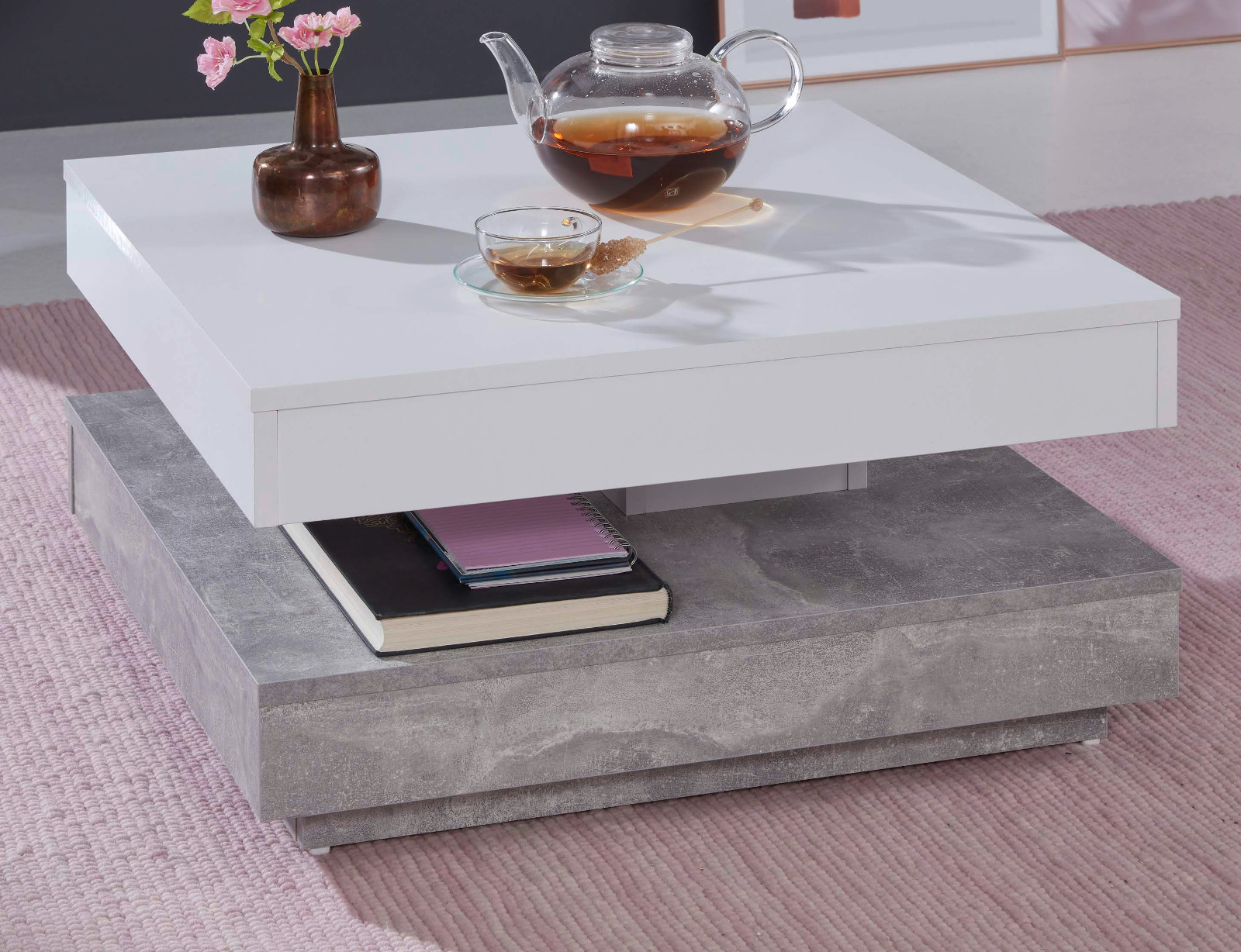Couchtisch Weiss Stone Grau Drehbar Quadratisch 70 Cm