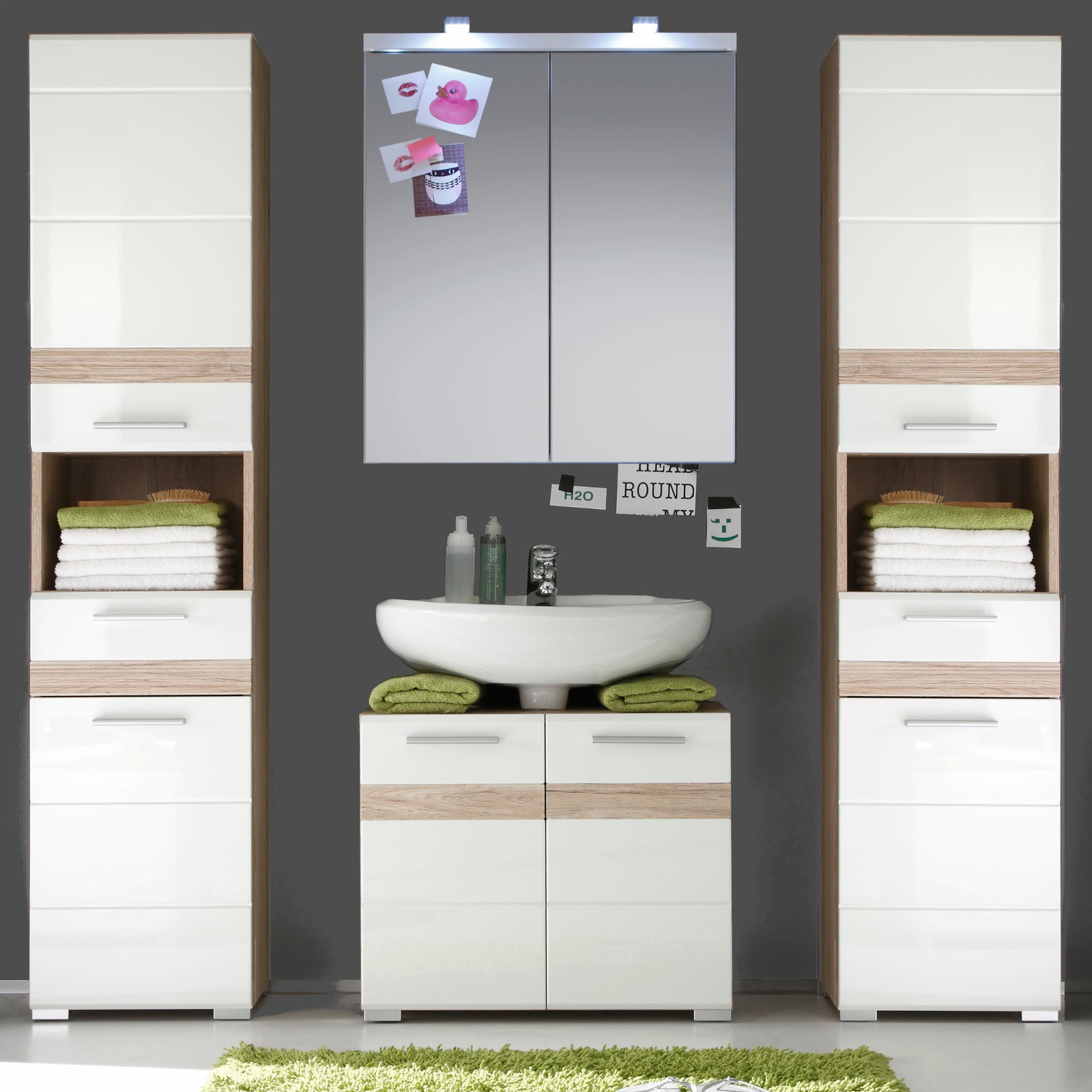 Badmöbel Set Badezimmer weiß Hochglanz und Eiche Bad Möbel 2x
