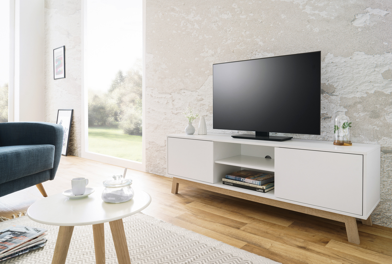 160 x 55 x 38 cm VIEW TV-Lowboard in Eiche Sonoma Optik Moderner TV Schrank mit Ablage und viel Stauraum für Ihr Wohnzimmer Weiß B/H/T 