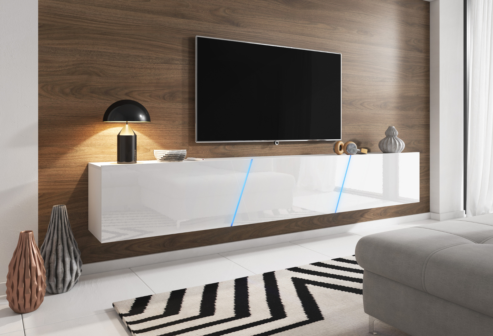 TV-Unterteil Lowboard weiß Hochglanz MIT LED Board Space hängend stehend 160 cm 