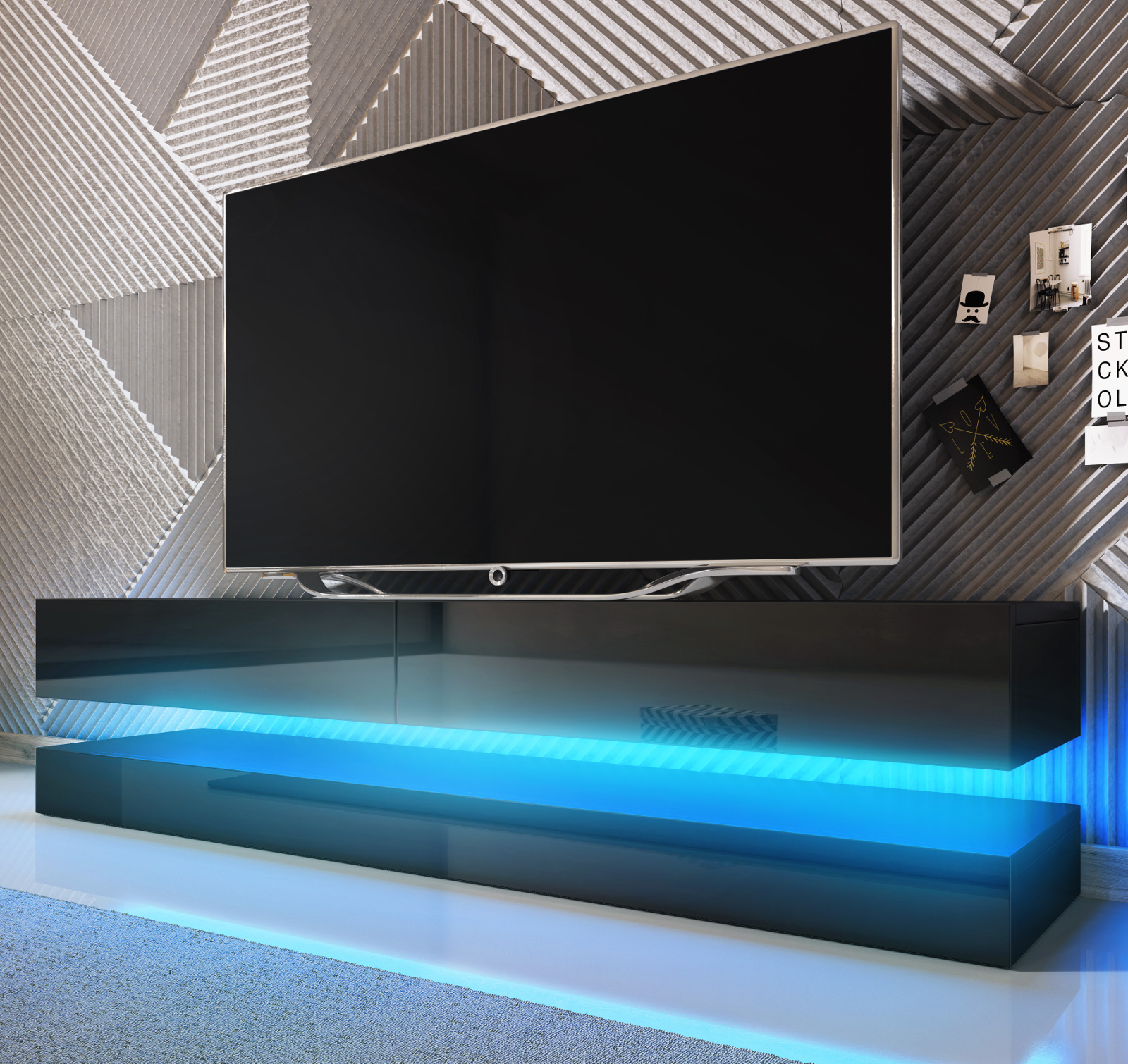 ExtremeFurniture T32-100 TV Lowboard Karkasse in Weiß Matt/Front in Schwarz Hochglanz mit LED in Blau 