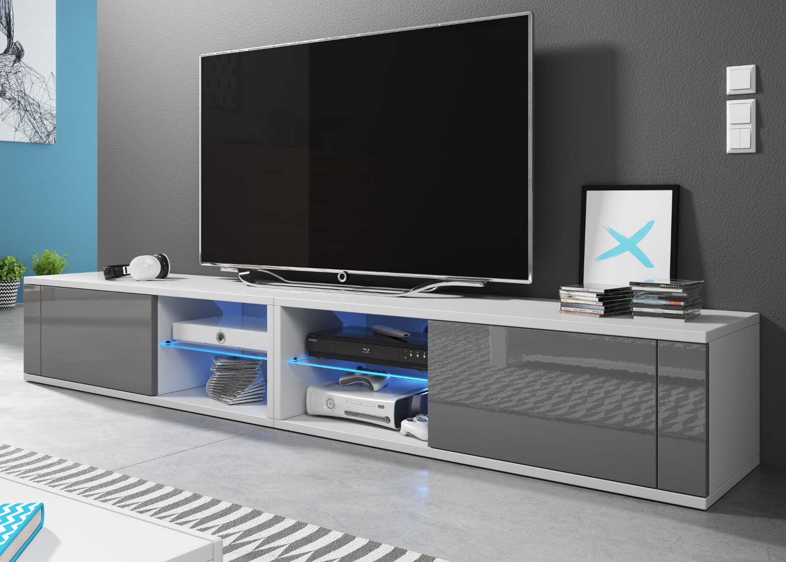 TV-Lowboard Top-B Hochglanz grau mit Beleuchtung 200 cm