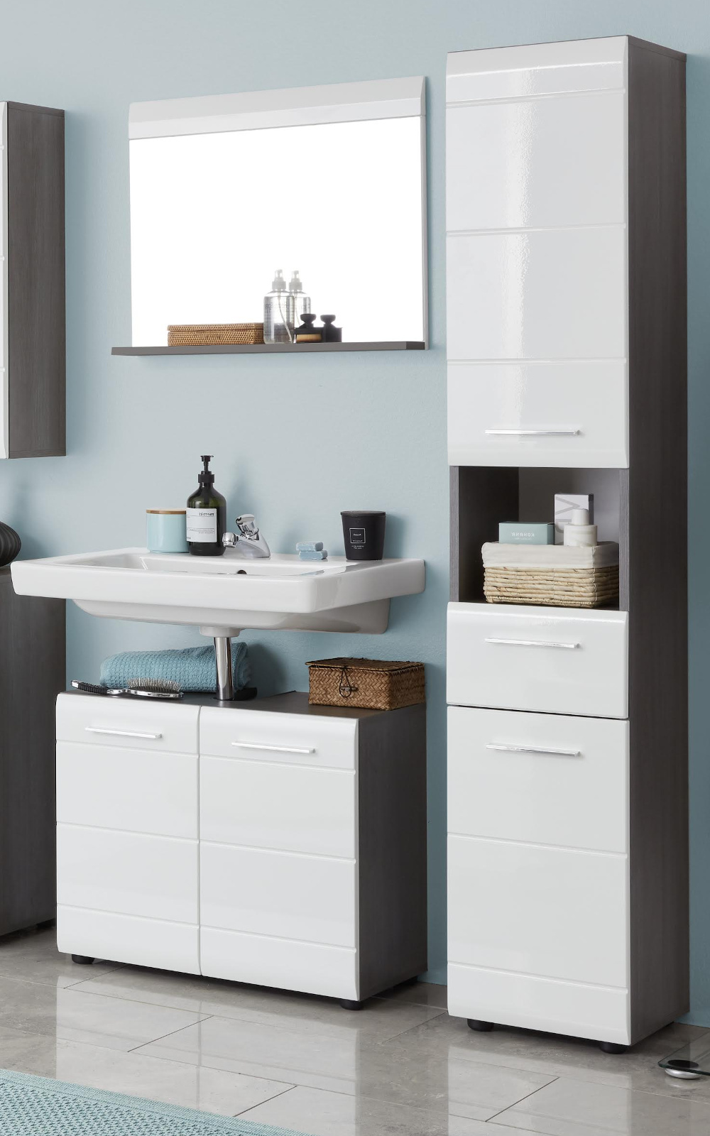 Badmobel Set 3 Tlg Line Hochglanz Weiss Sardegna Grau