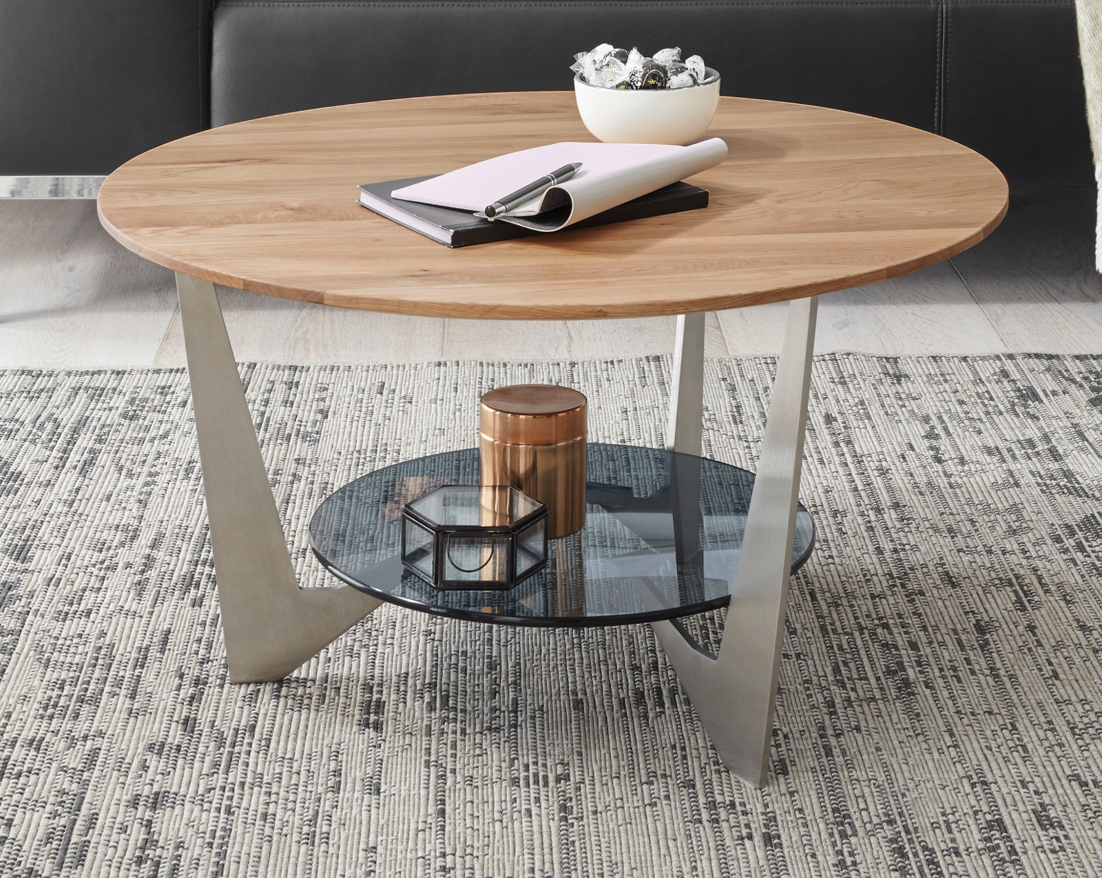 Couchtisch "Cadiz" Eiche natur und Glas rund 70 cm