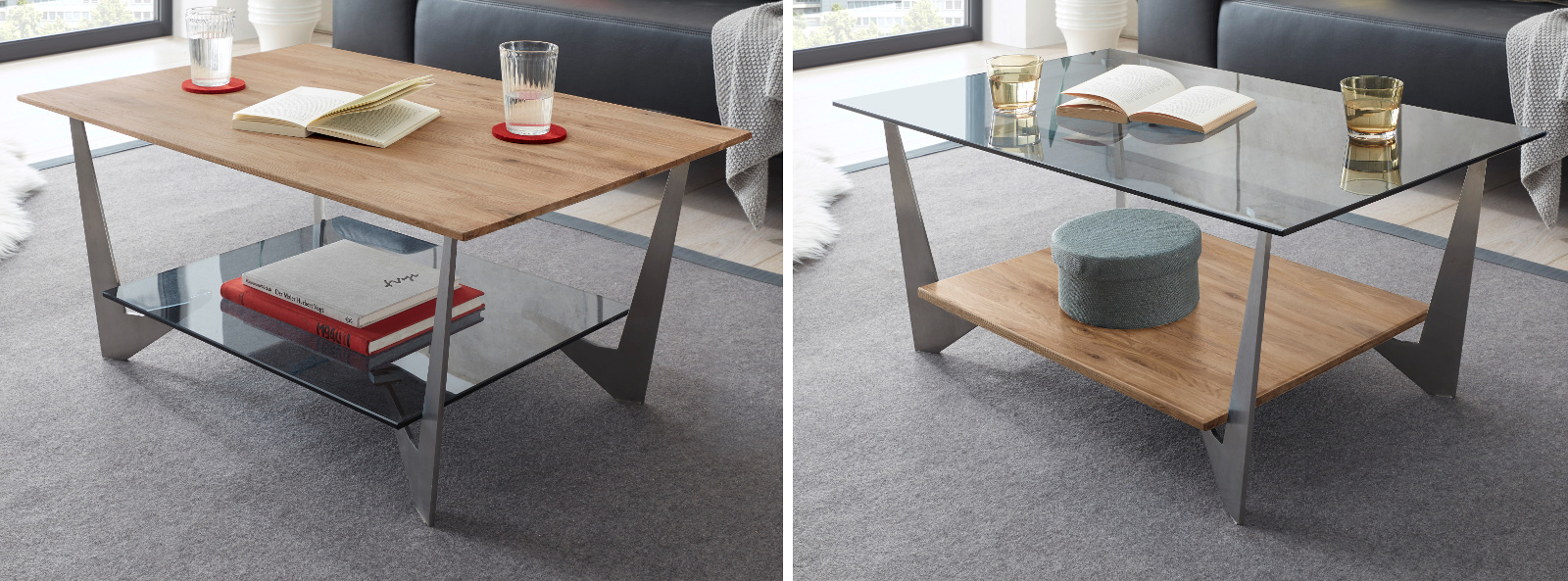 Couchtisch "Leon" Glas grau und Eiche natur 90 x 60 cm