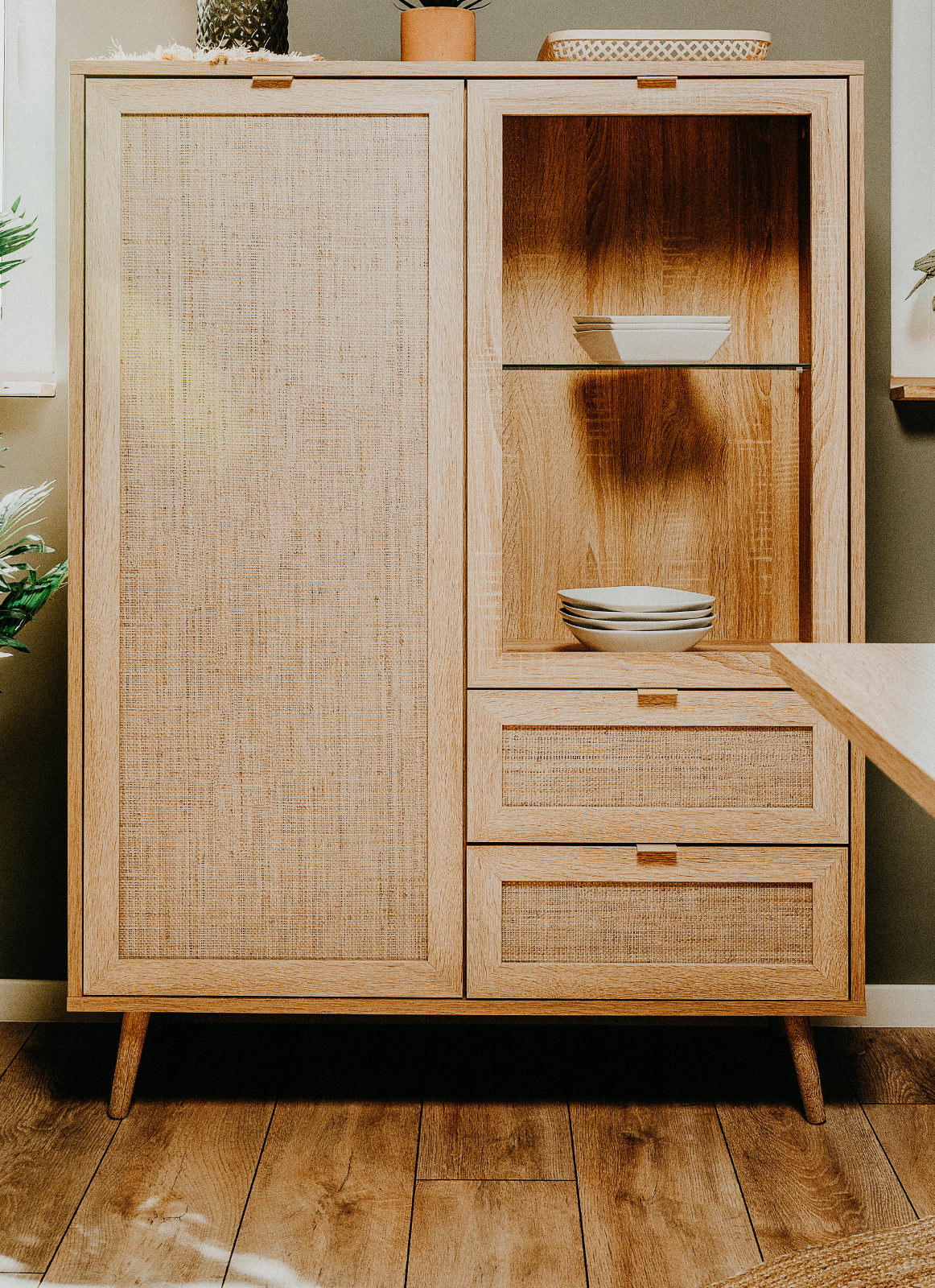 Highboard Bali Kommode Sonoma Eiche Wohnzimmer Schrank mit Bast Dekor