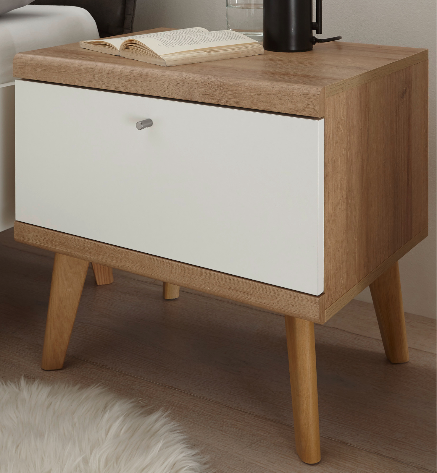 Nachttisch "Helge" in weiß und Eiche Riviera 54 cm