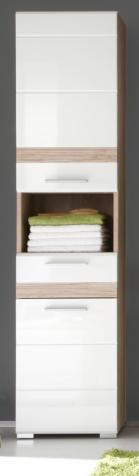 Badezimmer Hochschrank SetOne in Hochglanz weiß tiefgezogen und Eiche San Remo Dekor 182 cm Badezimmer Hochschrank SetOne in Hochglanz weiß tiefgezogen und Eiche San Remo Dekor 182 cm