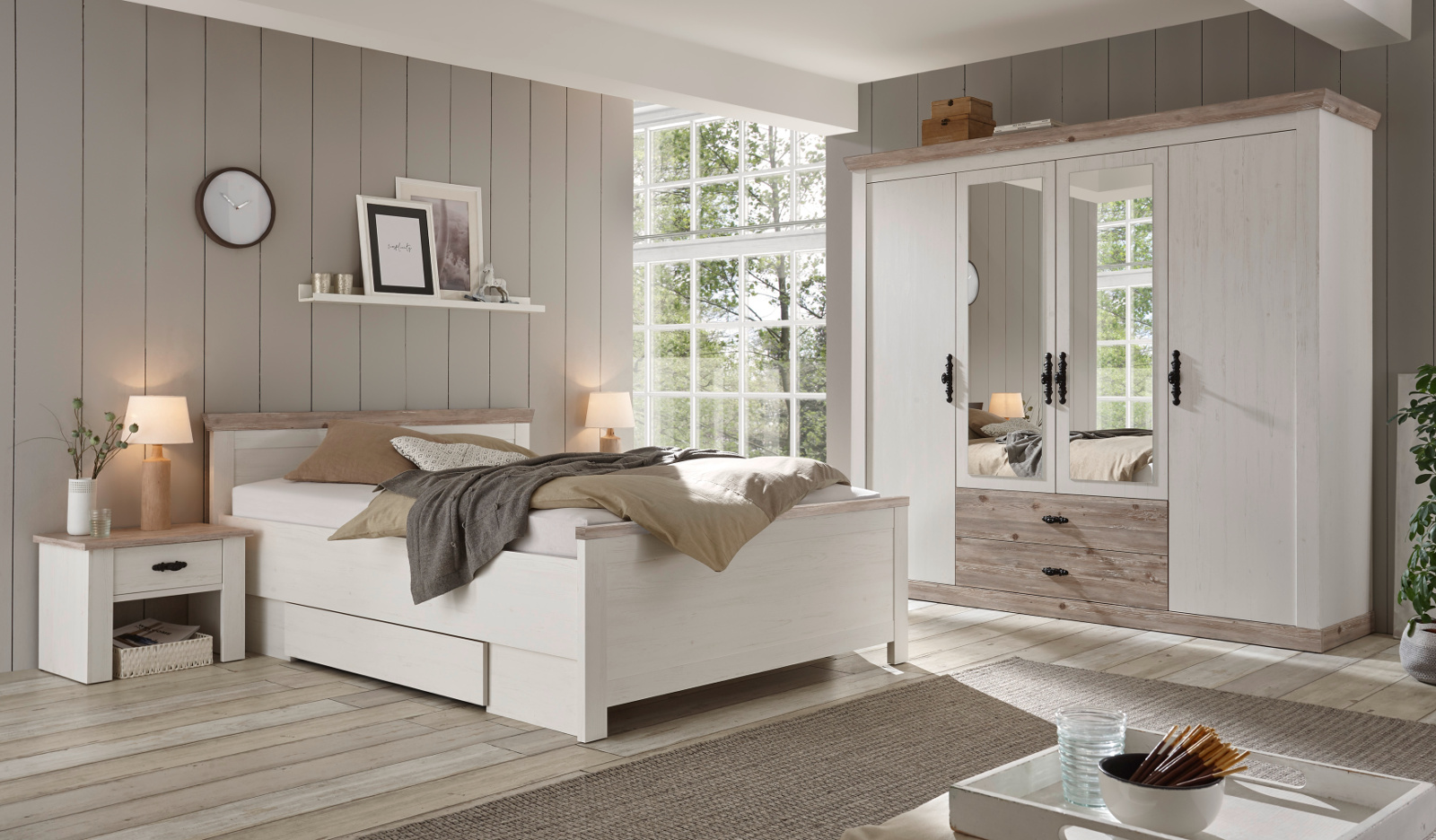 Schlafzimmer komplett "Rovola" in Pinie weiß Landhaus