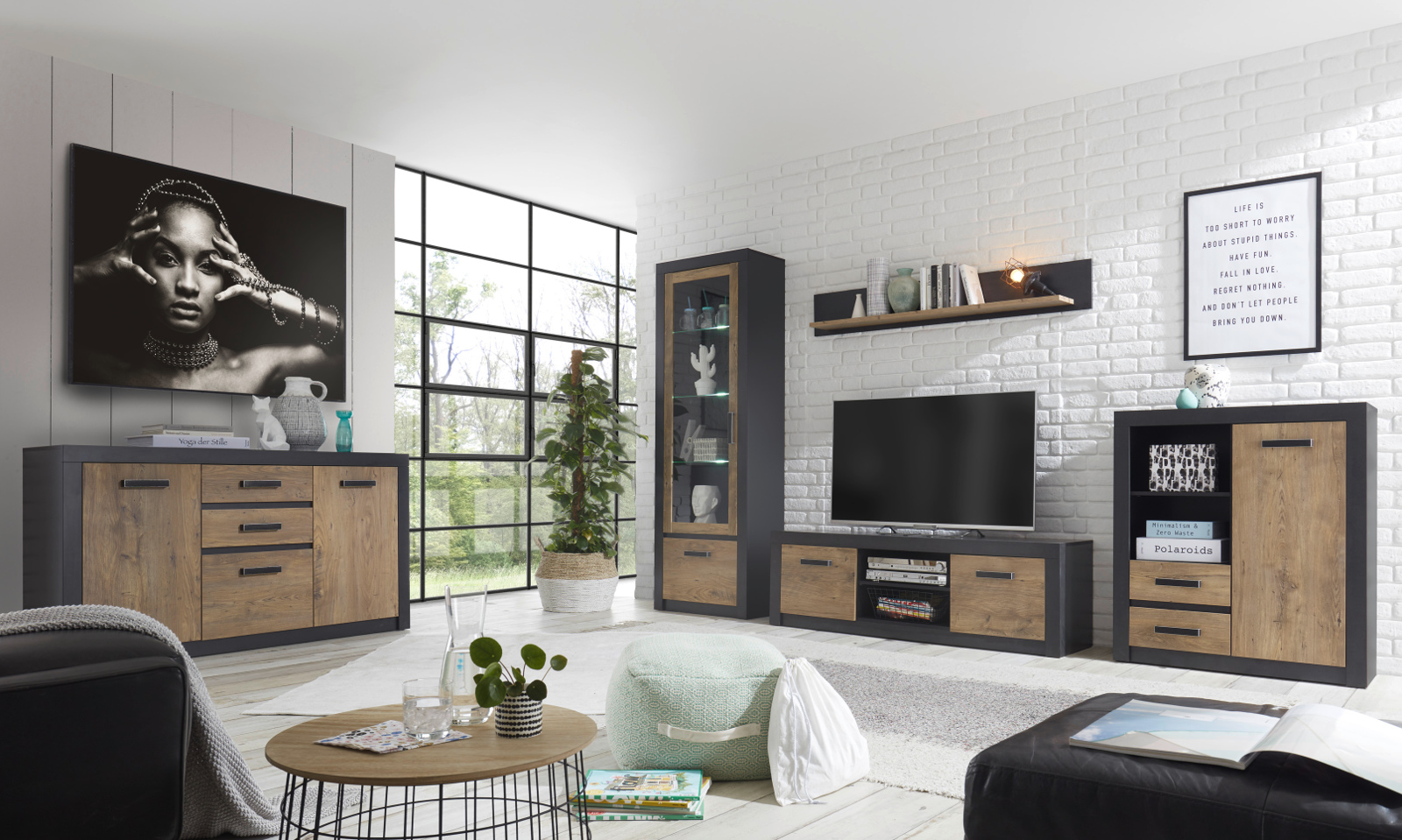 Wohnwand "Beveren" Kastanie und Fresco grau 330 x 200cm