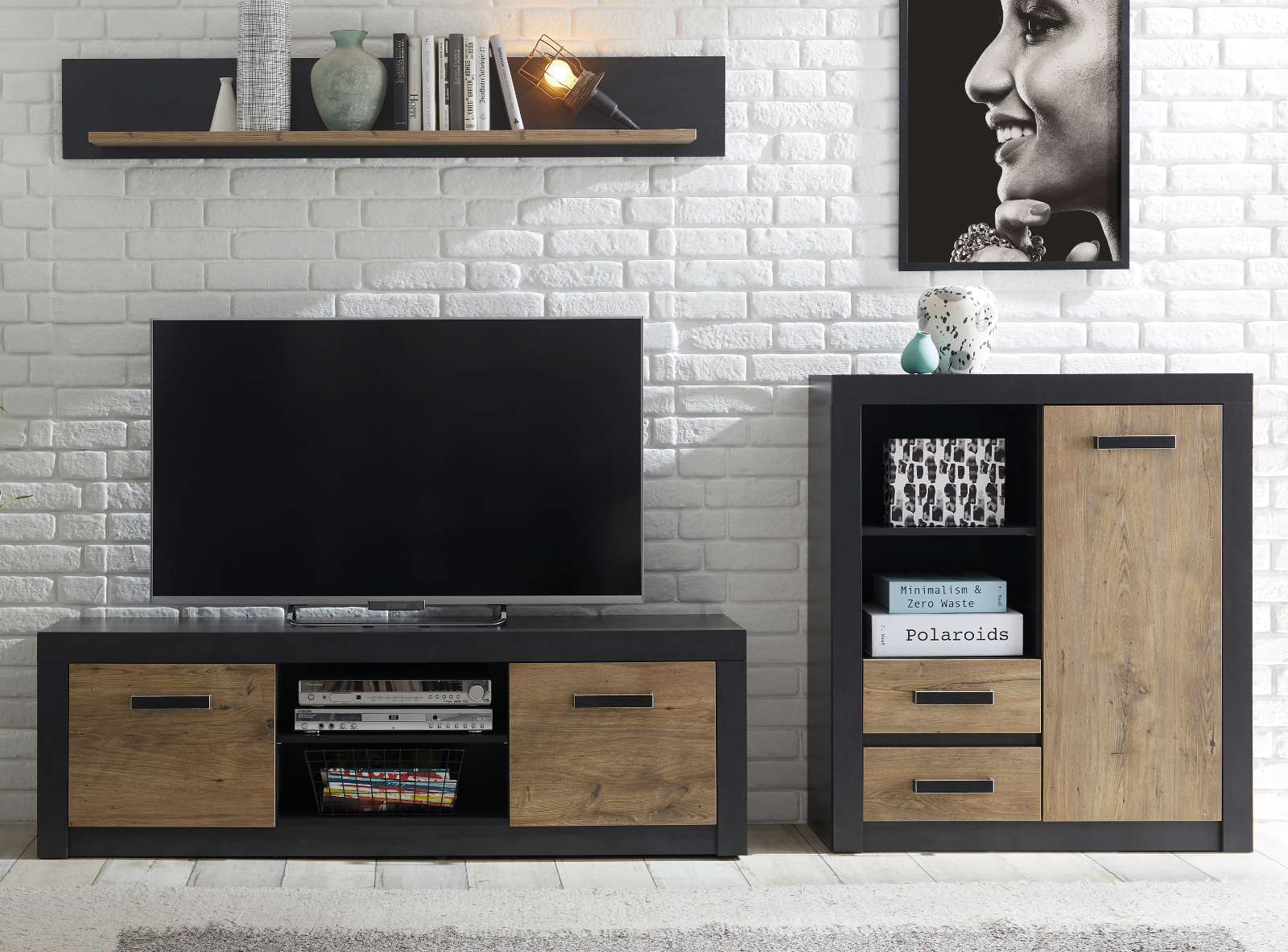 Wohnwand "Beveren" in Kastanie und Fresco grau 265 cm