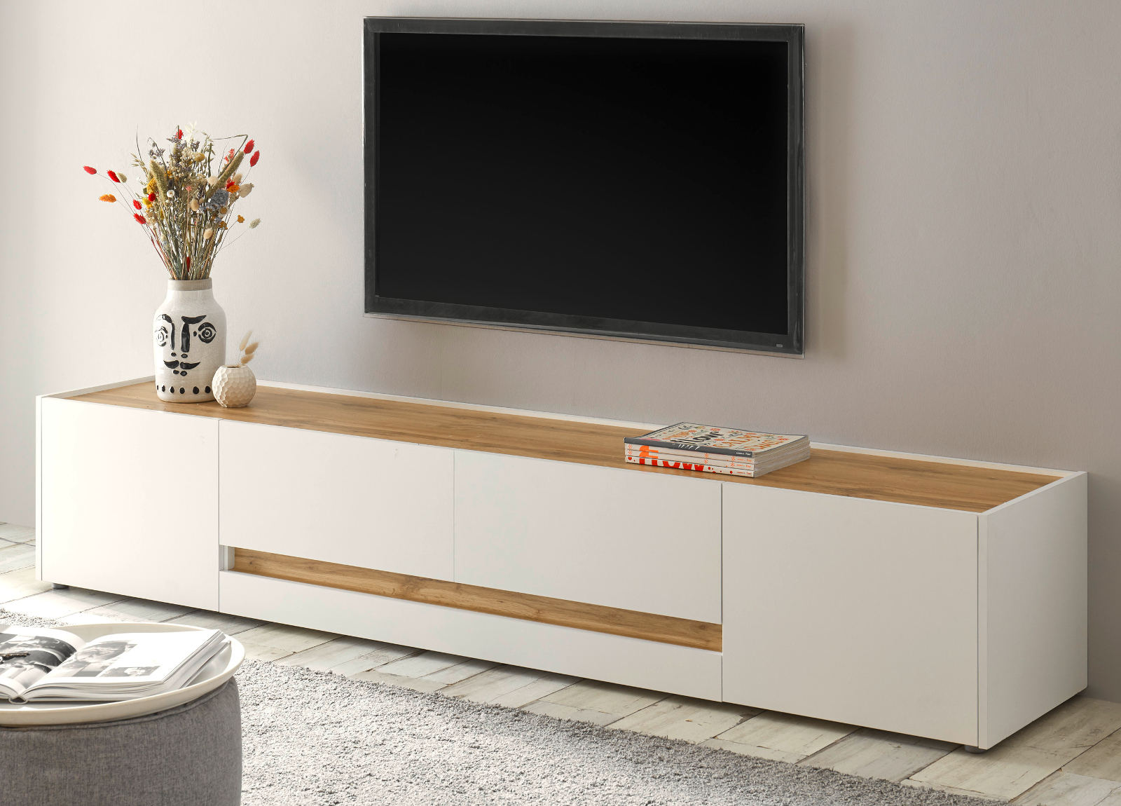 tv-lowboard fernseher unterschrank 220 cm weiß matt eiche