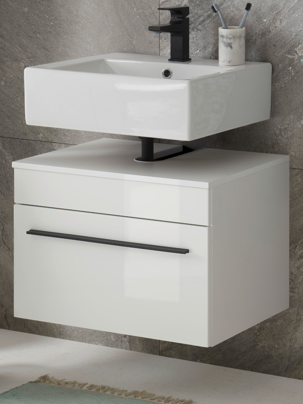 Waschbeckenunterschrank "Design-D" Hochglanz weiß 60 cm