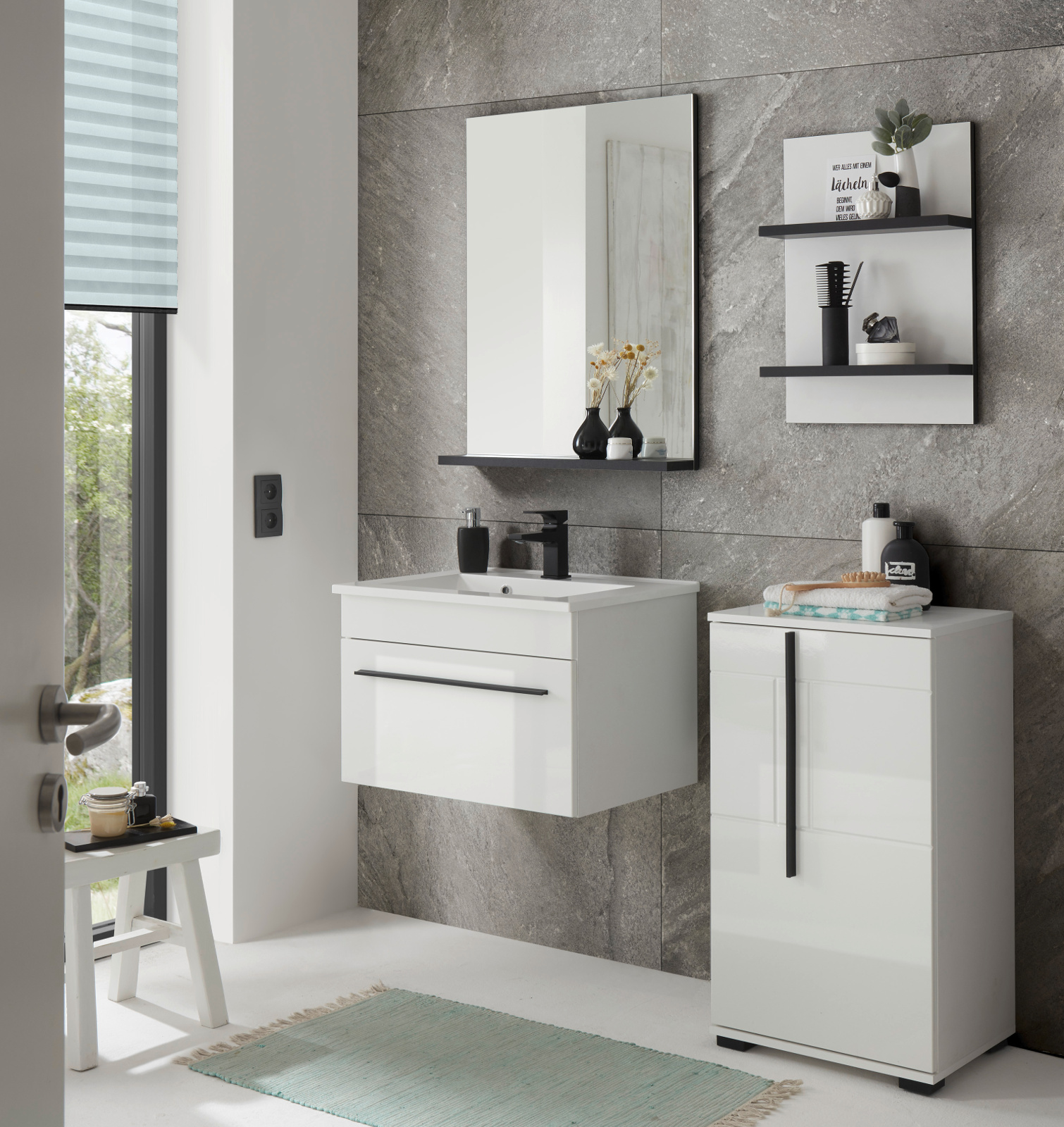 Waschtisch mit Waschbecken "Design-D" in Hochglanz weiß