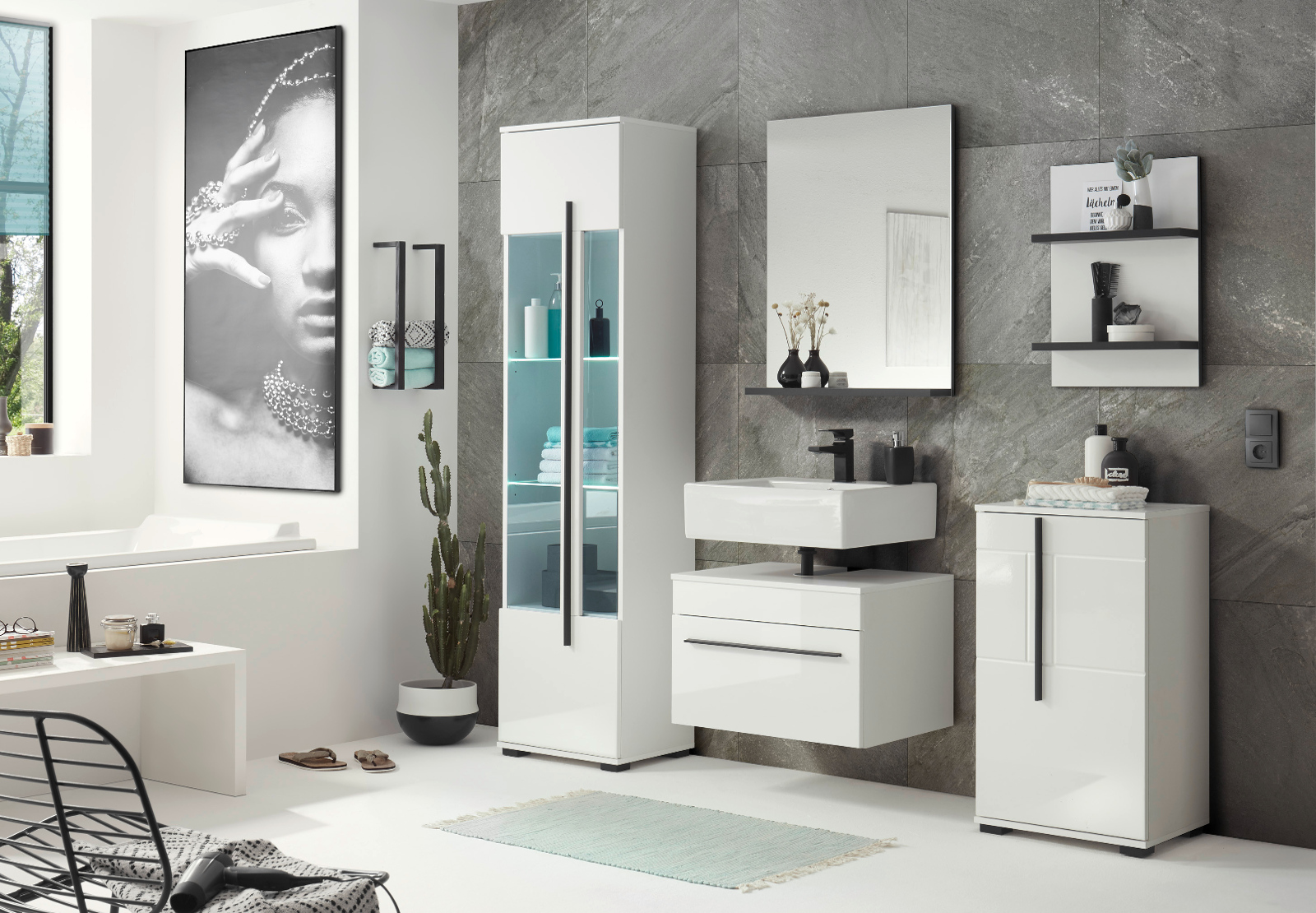 Badmöbel Set 4-teilig "Design-D" Hochglanz weiß 115 cm