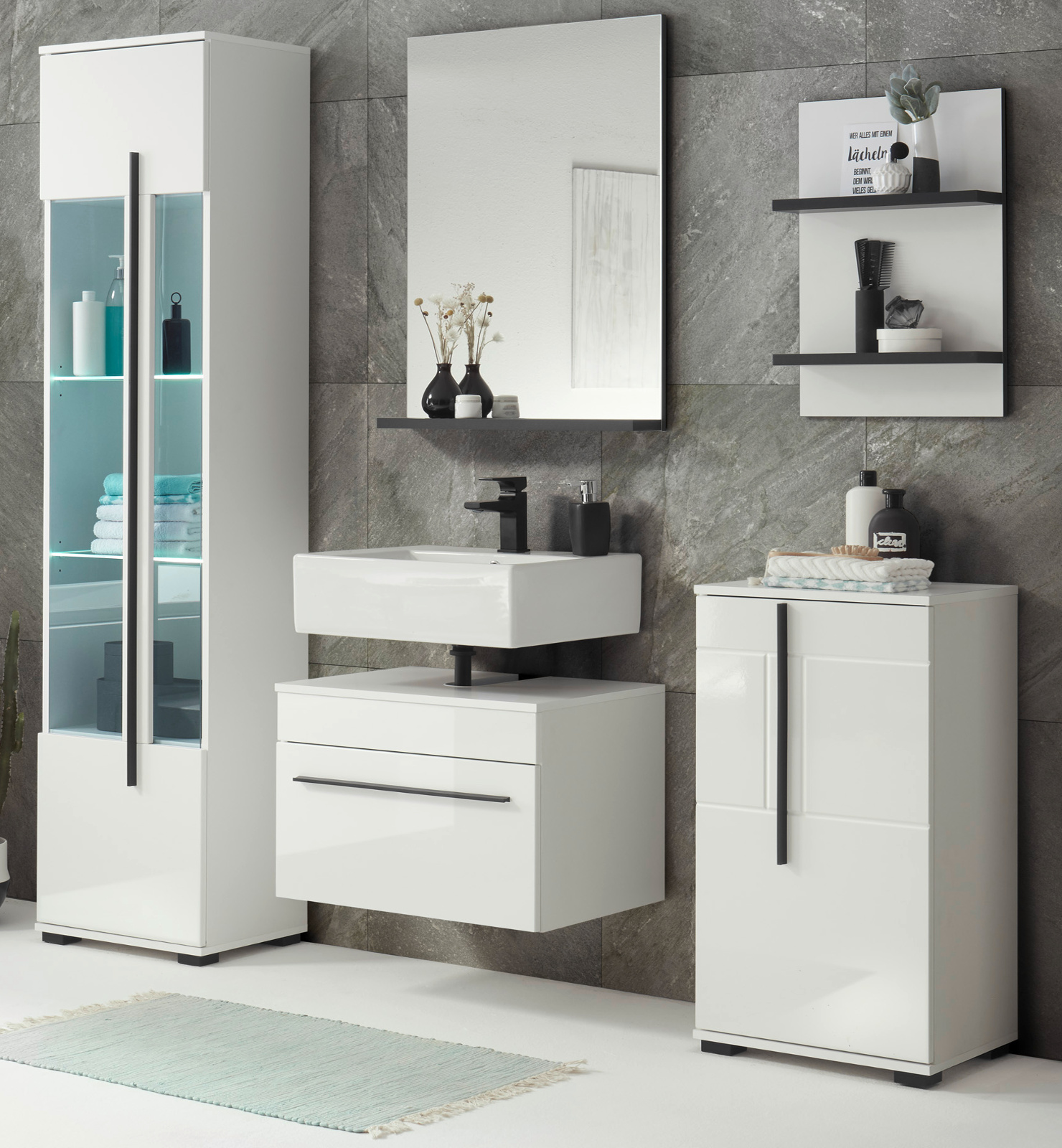 Badmöbel Set 5-teilig "Design-D" Hochglanz weiß 170 cm