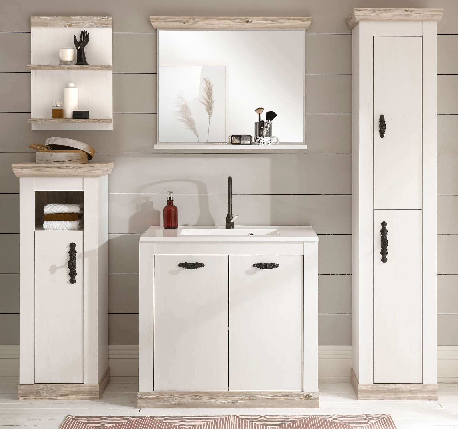 Badmöbel Set 6-tlg. "Rovola" in Pinie weiß Landhaus