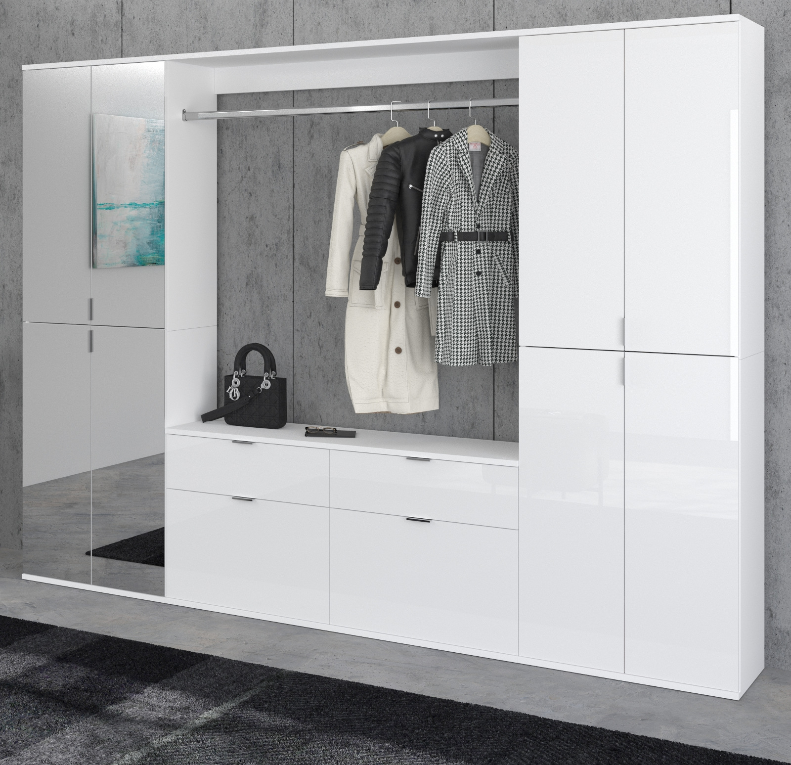 Flur Garderobe Set Garderobenschrank Schuhschrank weiß Hochglanz Spiegel SystemX