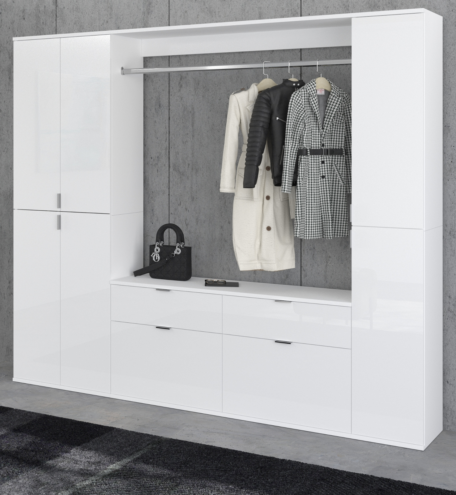 Garderobe Set Flur Garderobenschrank Schuhschrank weiß Hochglanz 6 Türen SystemX