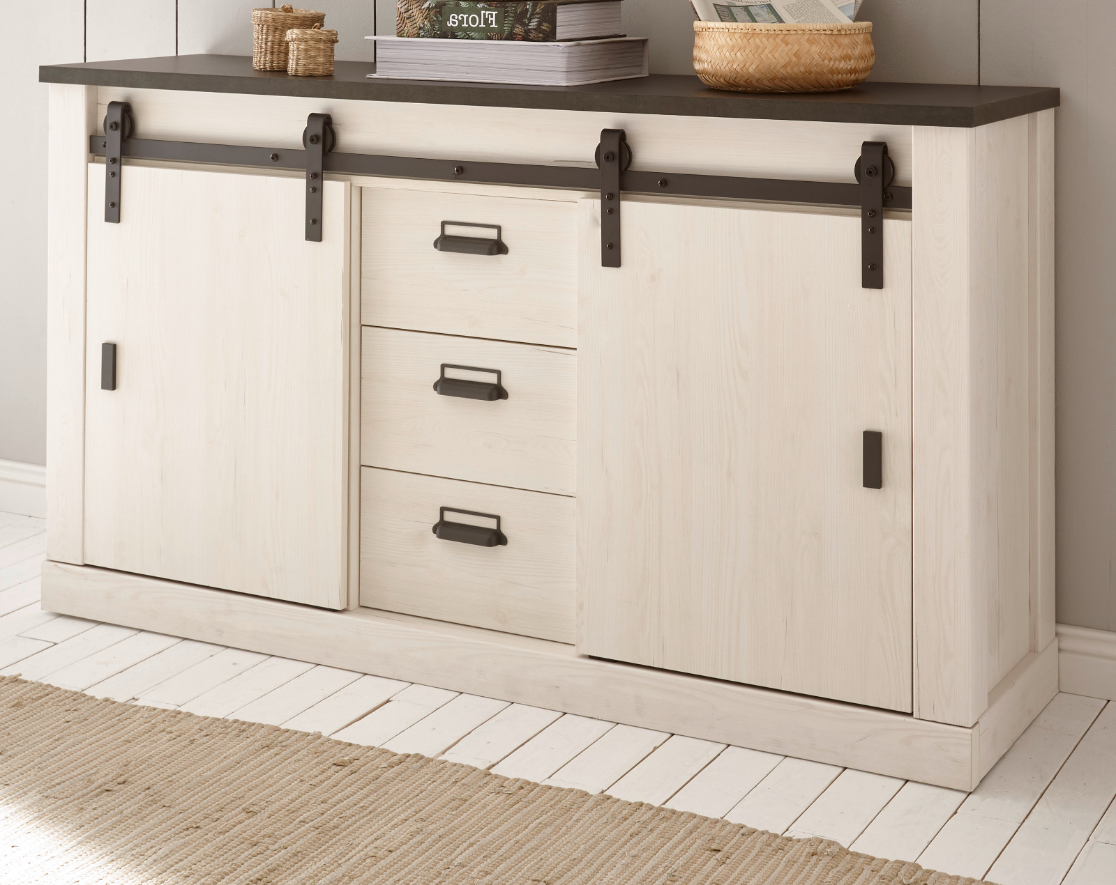 Kommode Sideboard Anrichte weiß Landhaus Schiebetüren 3 Schubladen 160 cm Stove