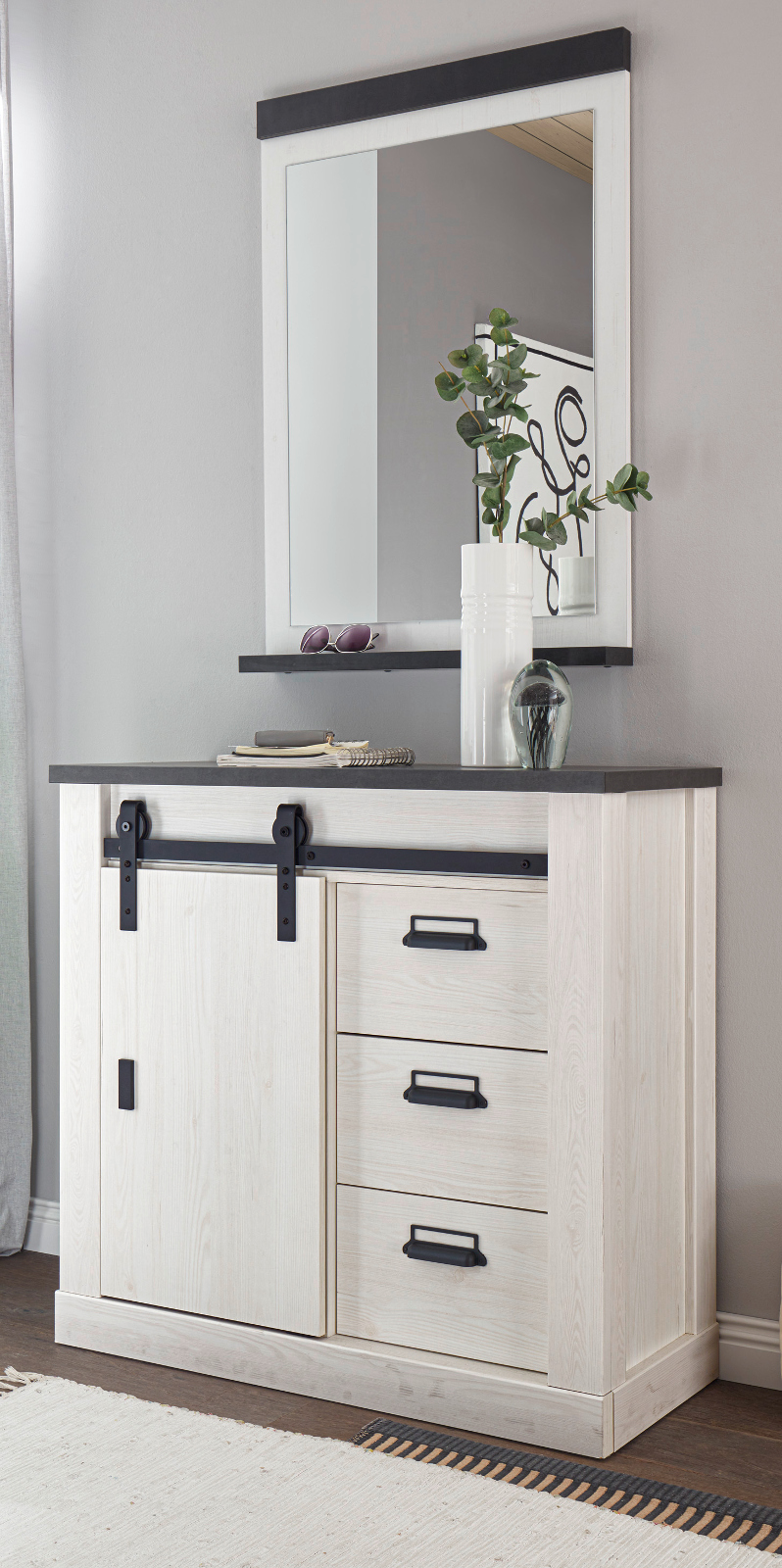 Garderobe Set Flur Garderobenset weiß Pinie Landhaus Kommode Spiegel 93 cm Stove
