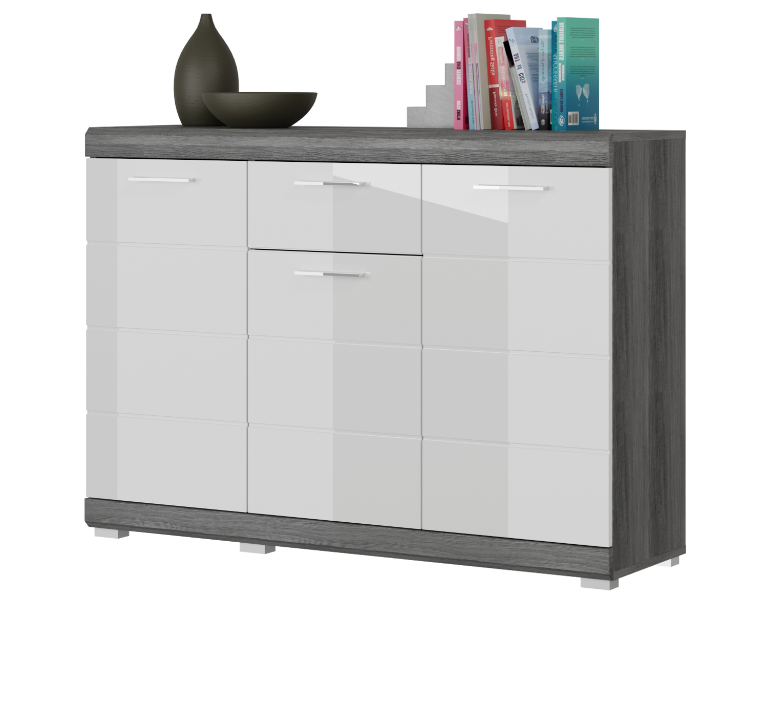 Sideboard Kommode weiß Hochglanz grau Rauchsilber Anrichte 3-türig 120 cm Shawn