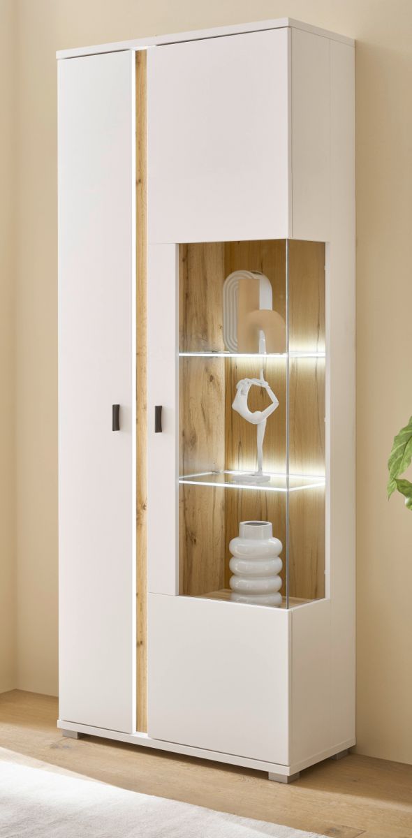 Furn.Design Vitrine Bellport in weiß matt und Eiche 80 x 200 cm I-3WSCLI24