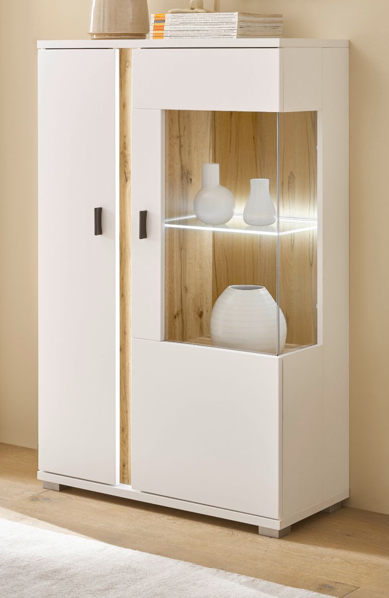 Furn.Design Vitrine Bellport in weiß matt und Eiche 80 x 125 cm I-3WSCLI21
