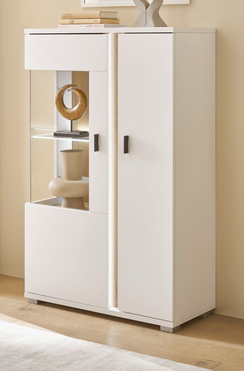 Furn.Design Vitrine Bellport in weiß matt und Eiche 80 x 125 cm I-3WSCLI26