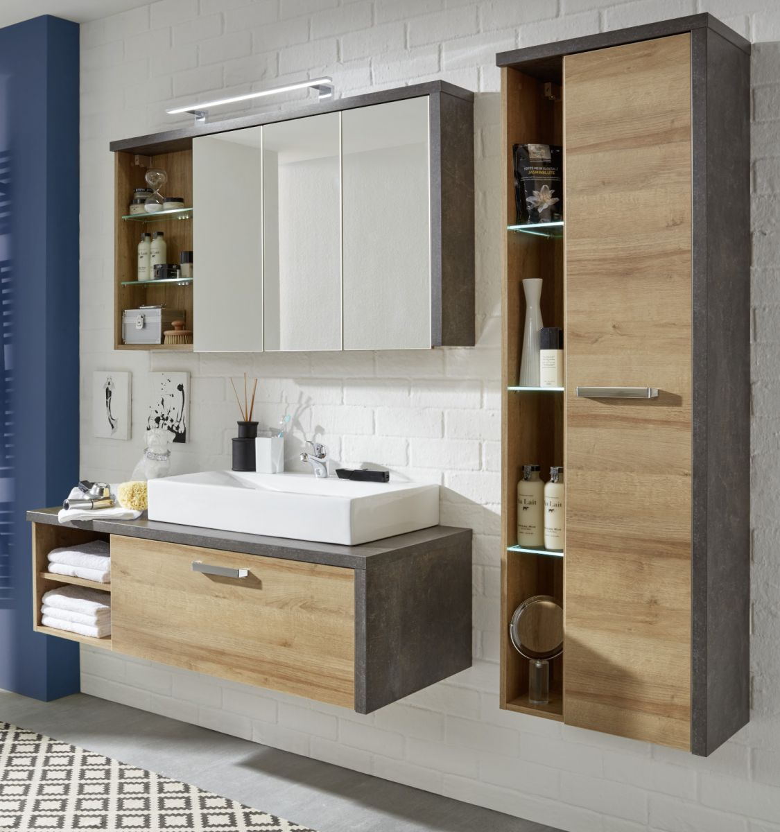 Badmöbel Badezimmer Set in Eiche Honig Beton Design Hängeschrank
