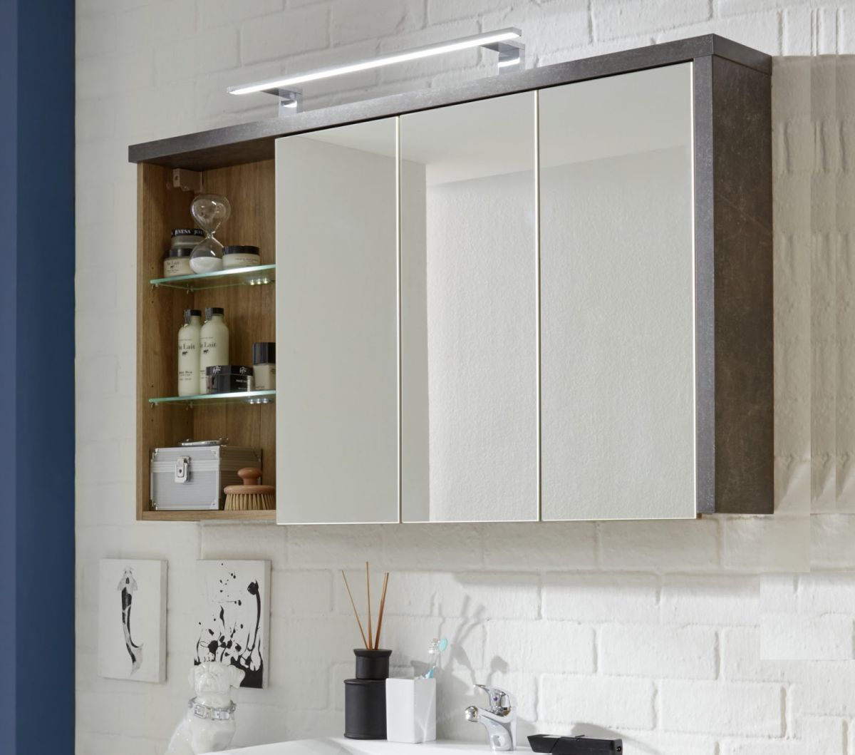 Badezimmer Spiegelschrank "Bay" Eiche Riviera, grau