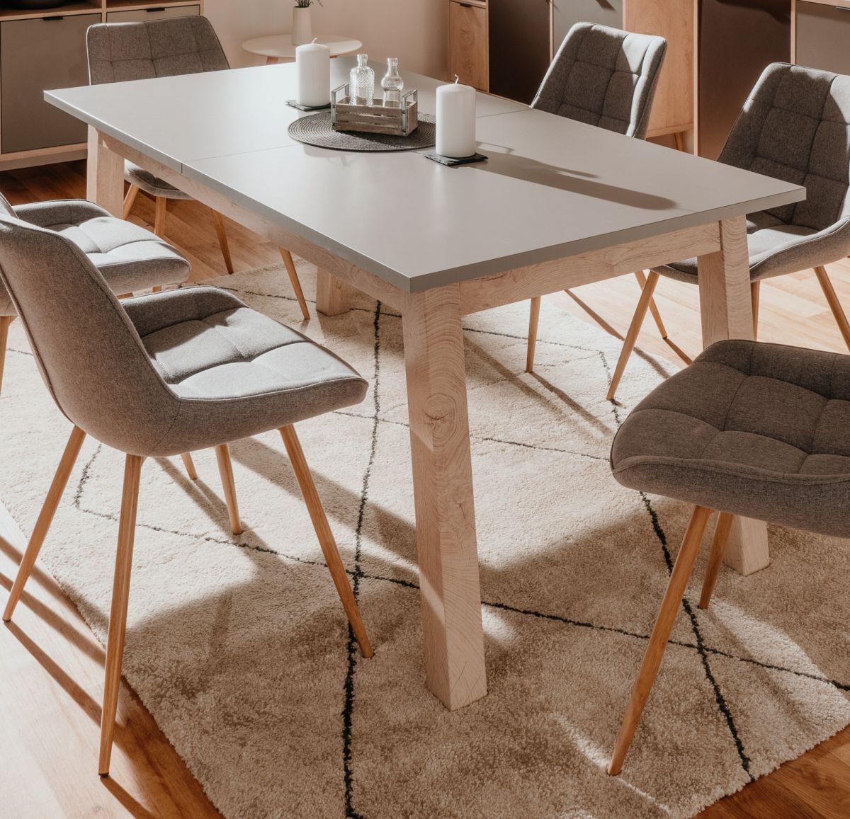 Finori Esstisch Epik in Eiche Endgrain und grau ausziehbar 160 - 240 x 90 cm
